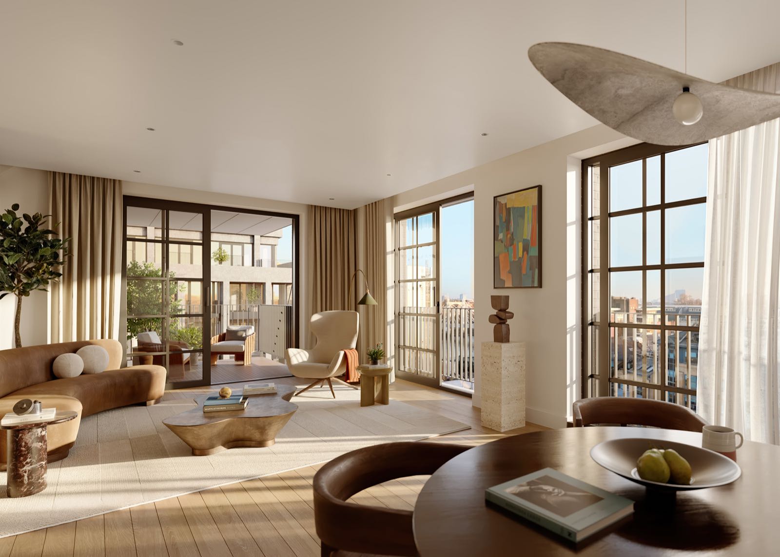 Ransome's Wharf Battersea SW11 London apartment open-plan living and dining room with Crittall-style floor-to-ceiling windows