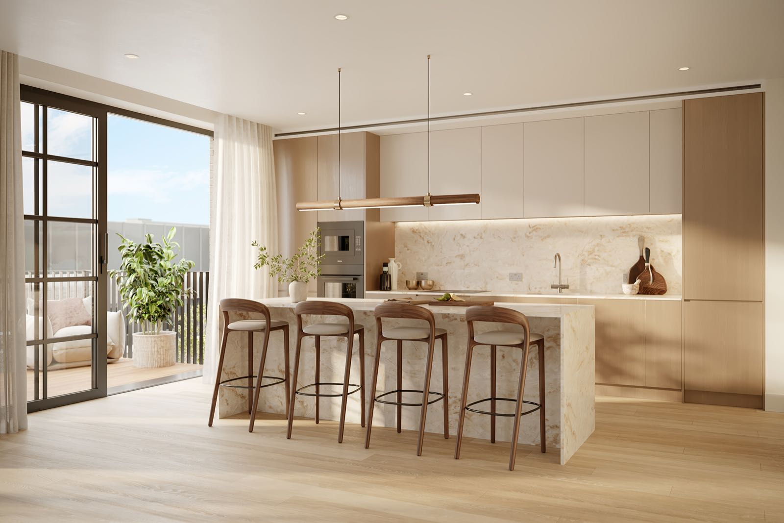 Ransome's Wharf Battersea SW11 London apartment kitchen with marble island, pendant lighting and Siemens appliances