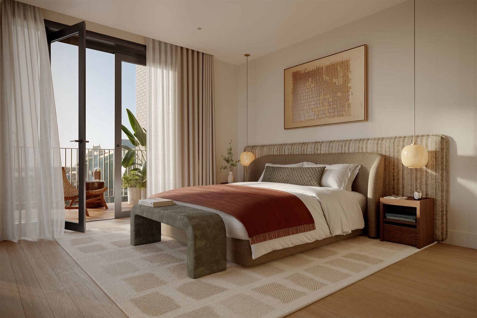 Ransome's Wharf Battersea SW11 London principal bedroom with upholstered headboard and private balcony