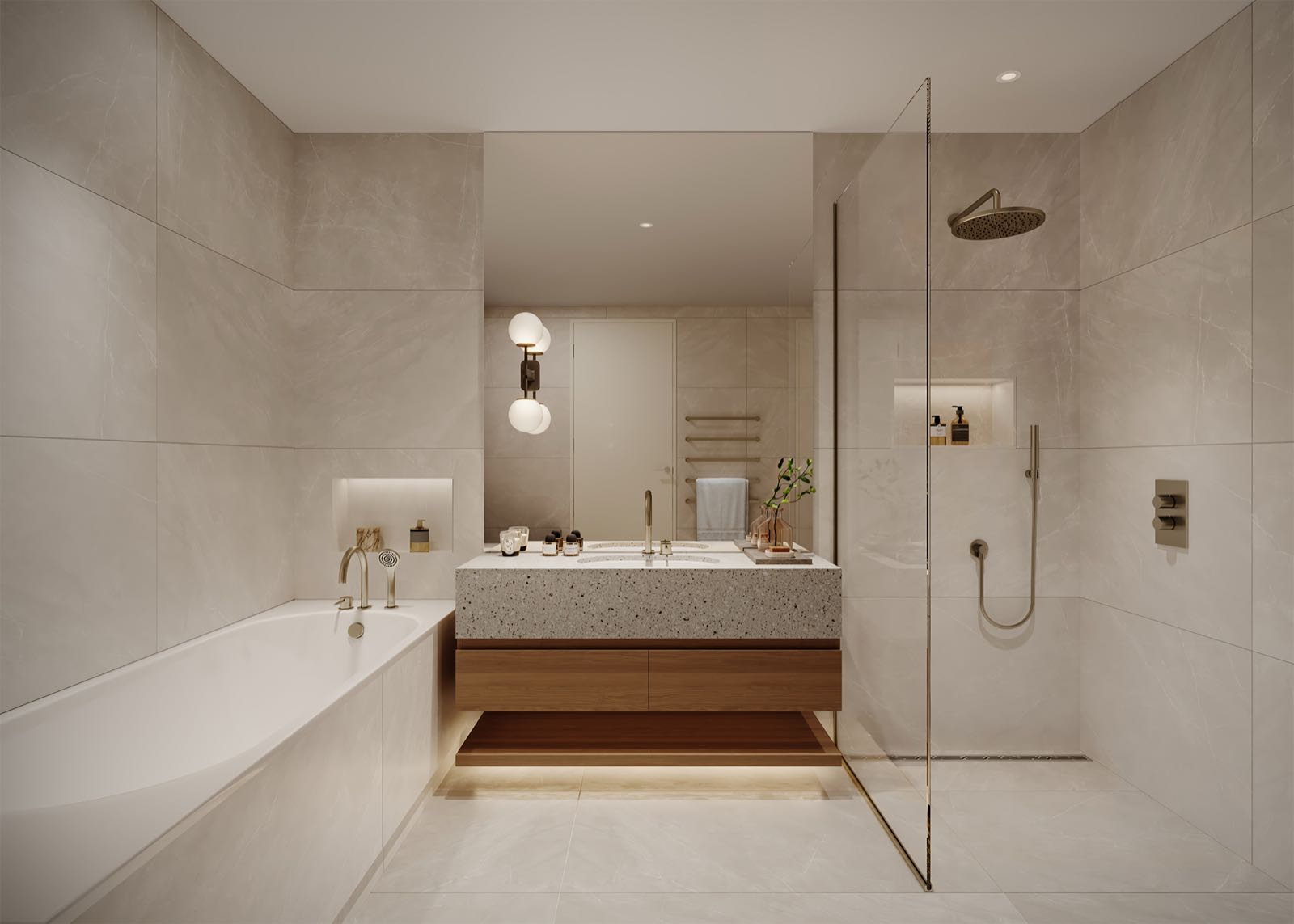 Ransome's Wharf Battersea SW11 London luxury en-suite bathroom with walk-in shower, bath, Gessi brassware and porcelain tiling