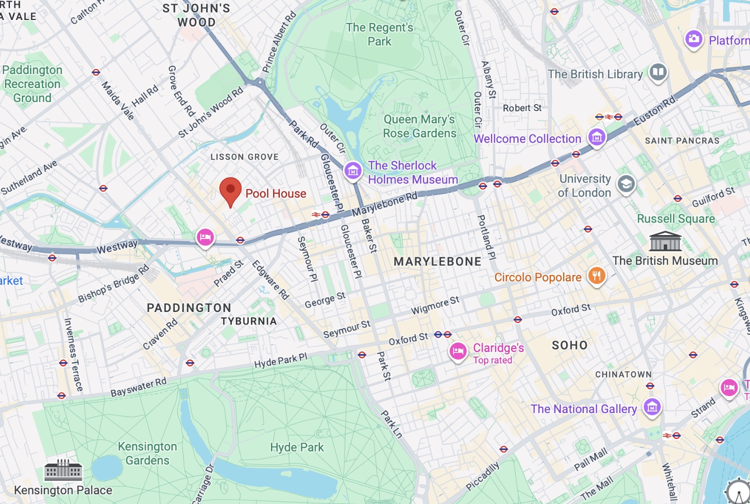 Map showing The Broadley in Marylebone, NW8, London — between Regent's Park and Hyde Park