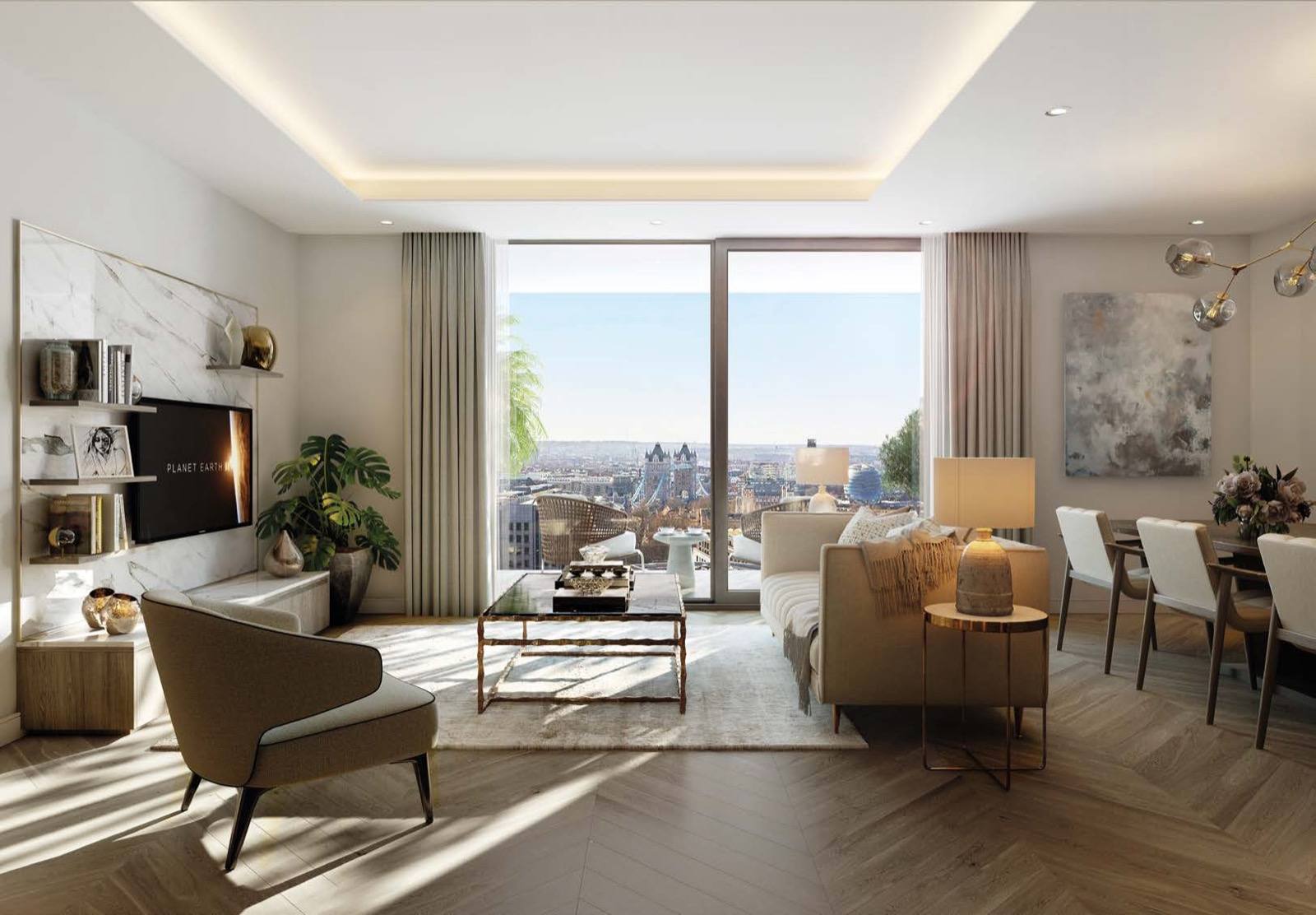 The Haydon Aldgate EC3 London apartment living room with Tower Bridge view, marble TV wall and chevron parquet flooring