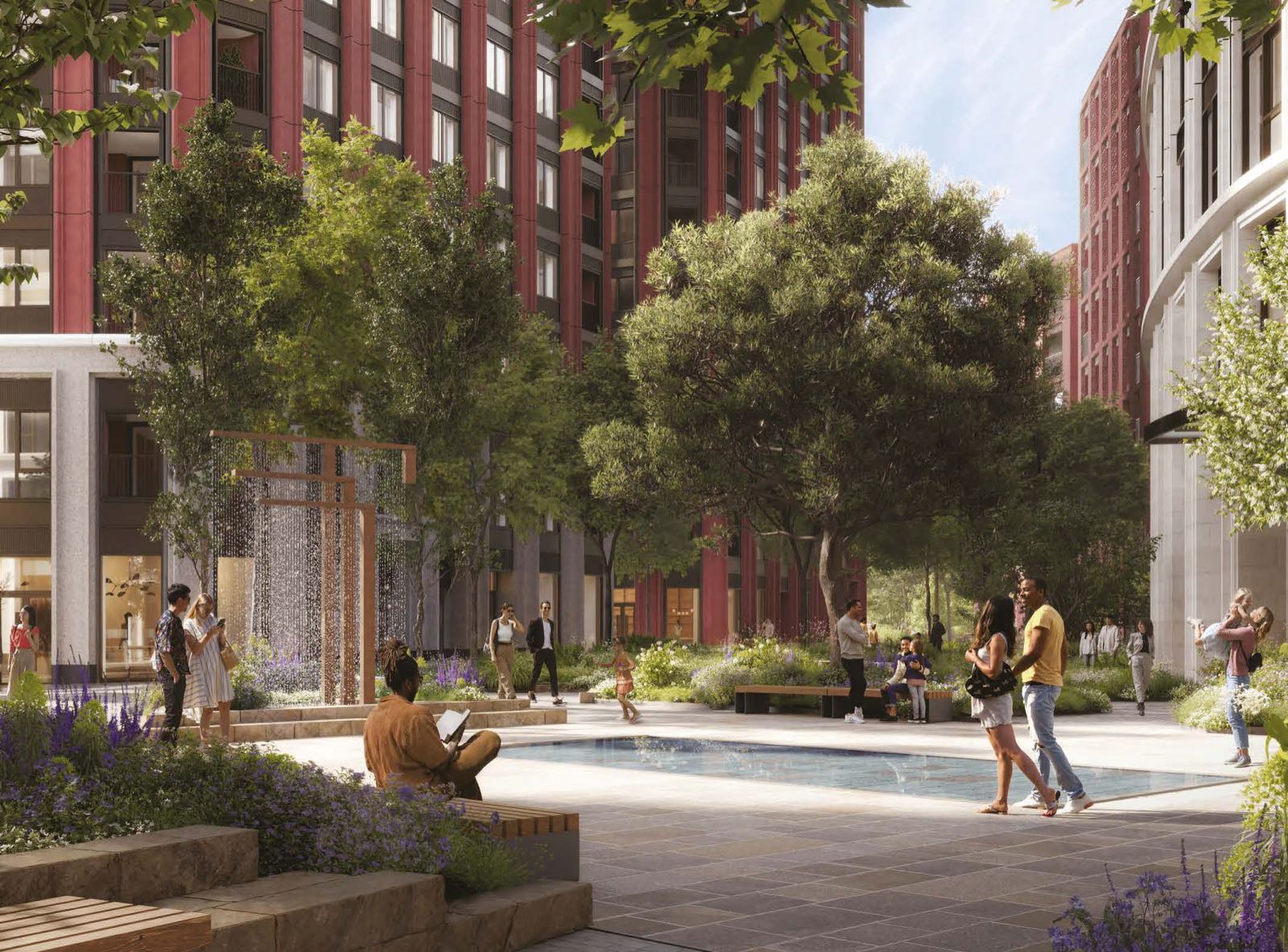 Trillium Paddington W2 London — Trillium Square public realm with trees, water features and residents