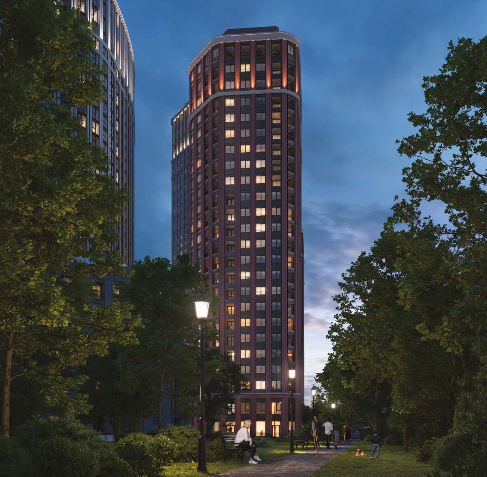 Trillium Paddington W2 London illuminated tower exterior at dusk rising beside Paddington Green