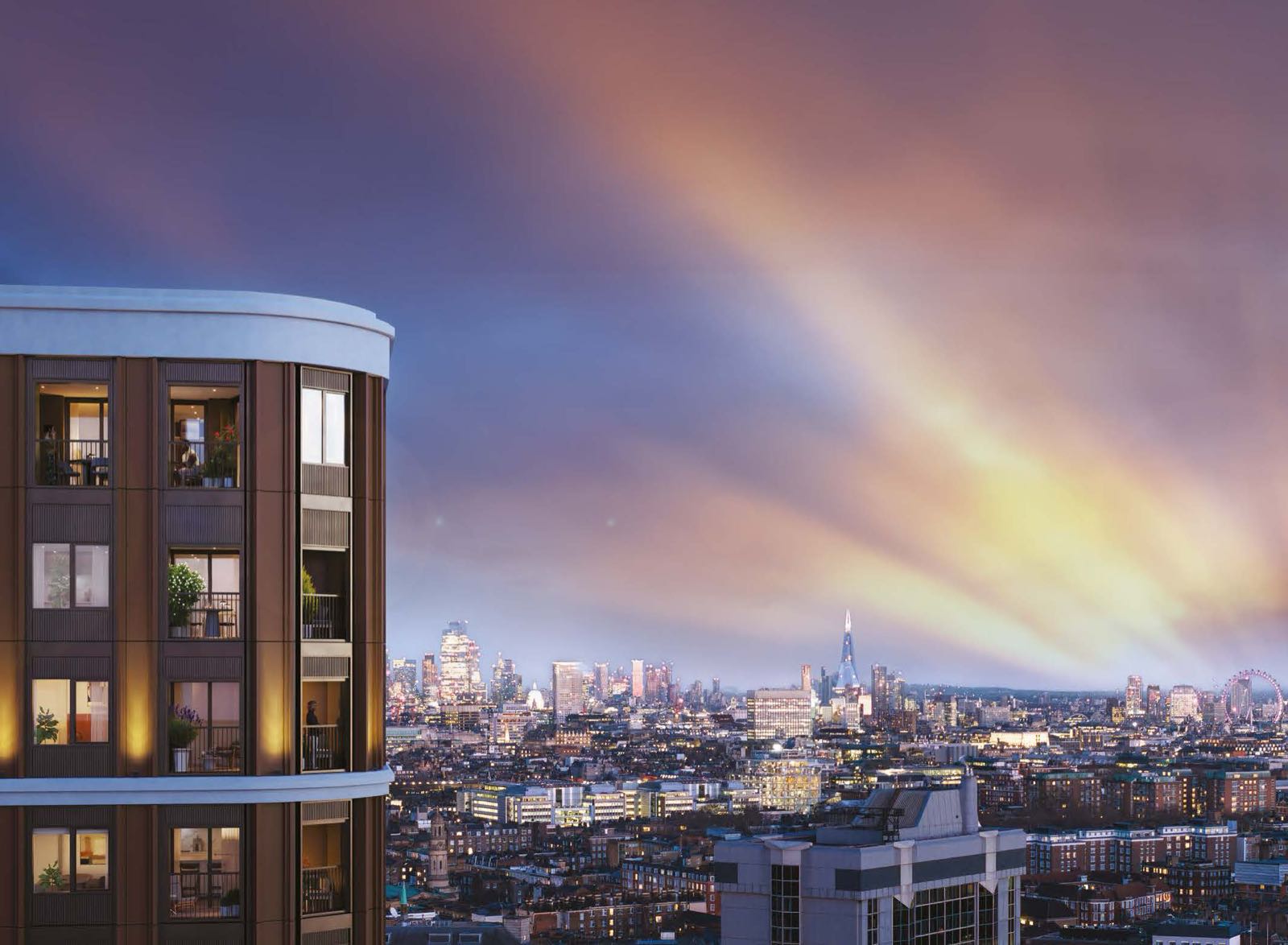 Trillium Paddington W2 London upper-floor apartment balcony with sunset view across the City of London skyline