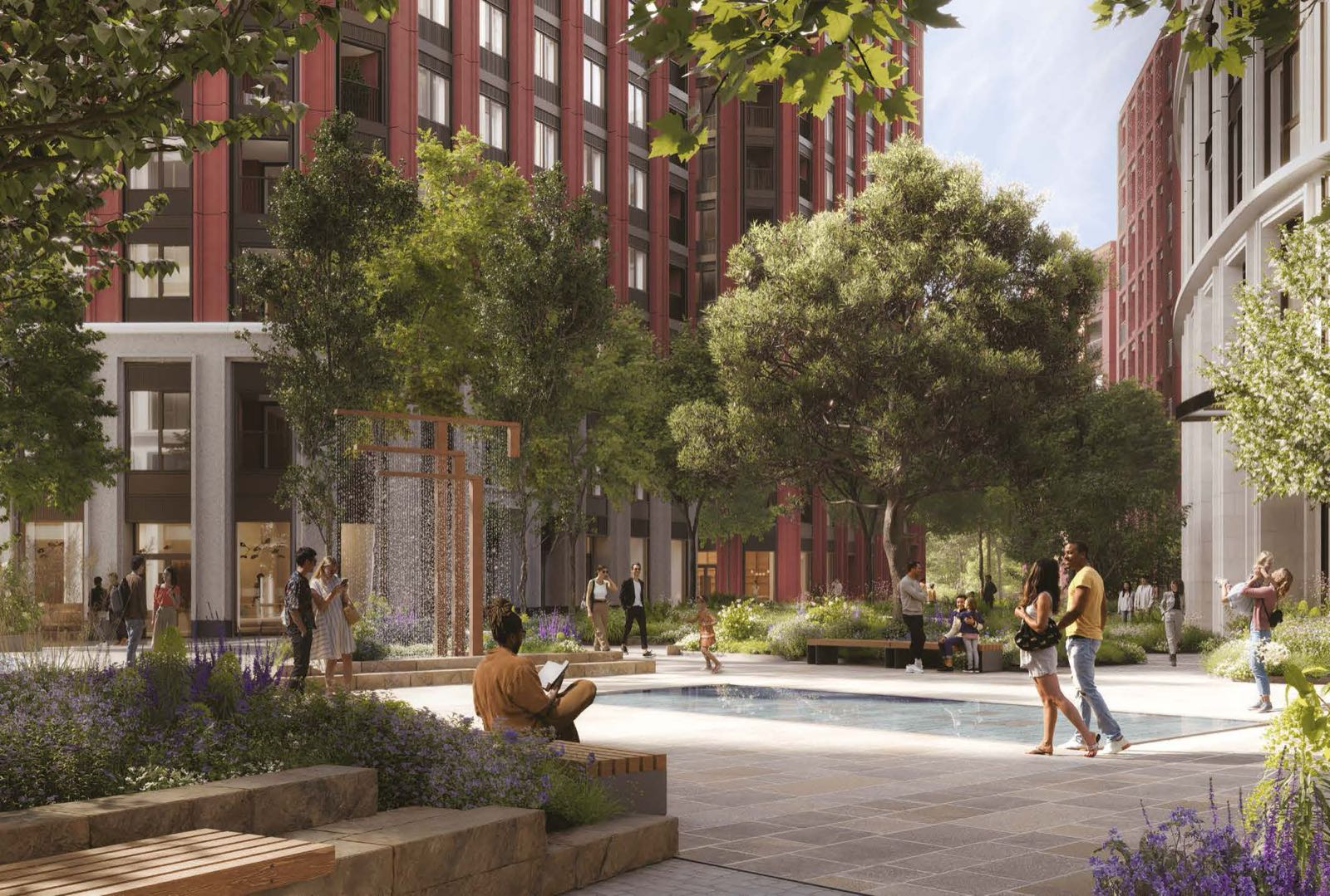 Trillium Paddington W2 London landscaped Trillium Square plaza with water feature and seating