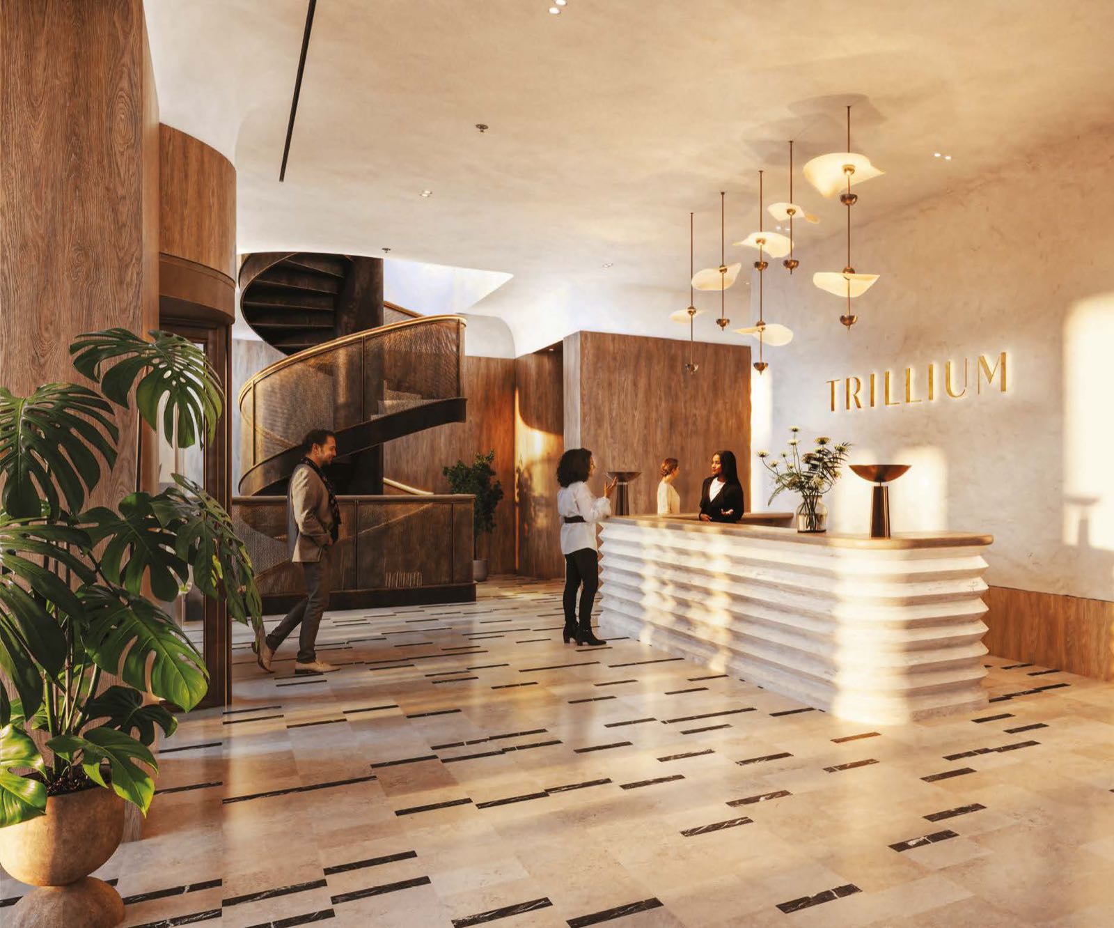 Trillium Paddington W2 London residents' lobby with Trillium signage, spiral staircase and concierge reception