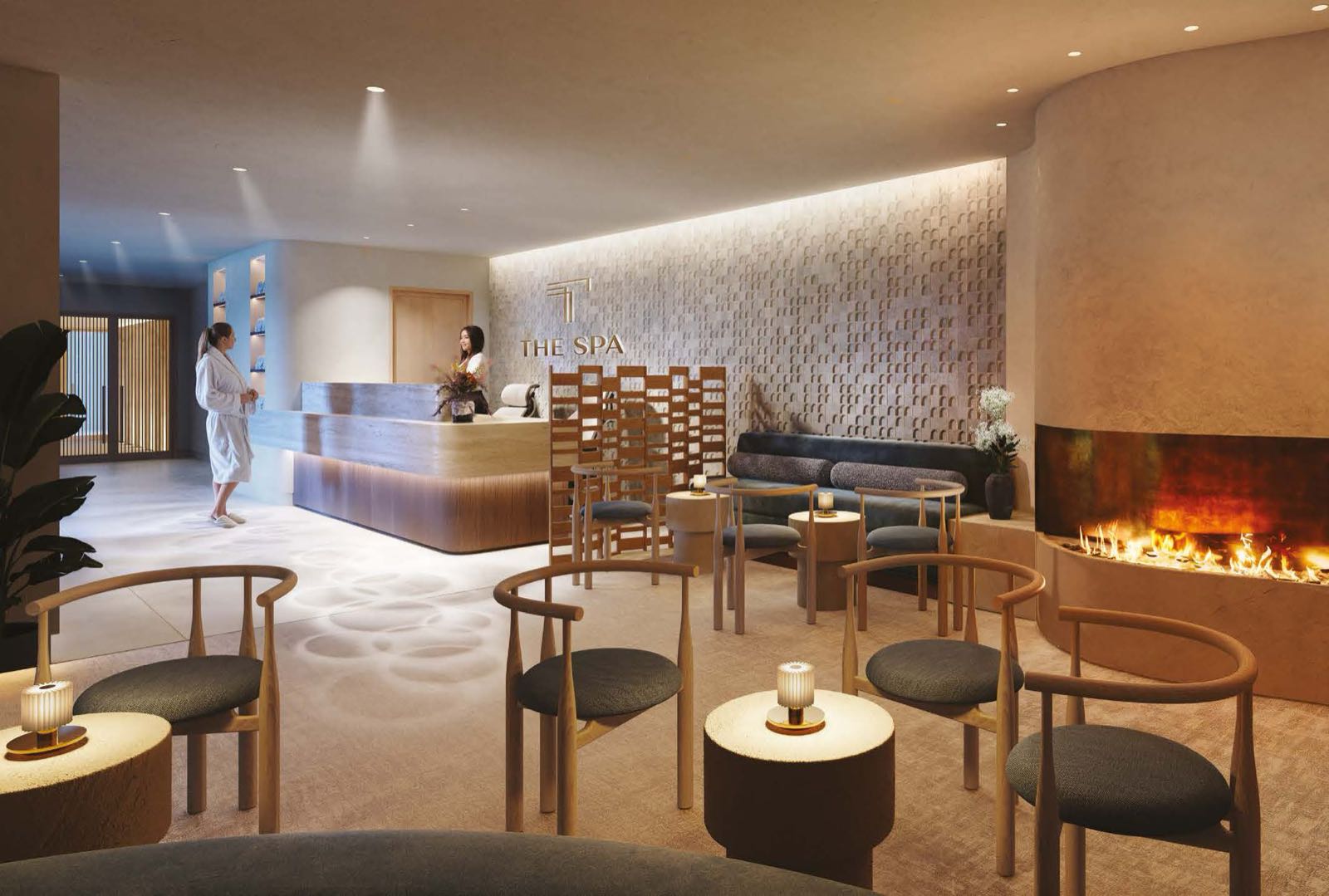 Trillium Paddington W2 London spa reception lounge with fireplace and bespoke joinery
