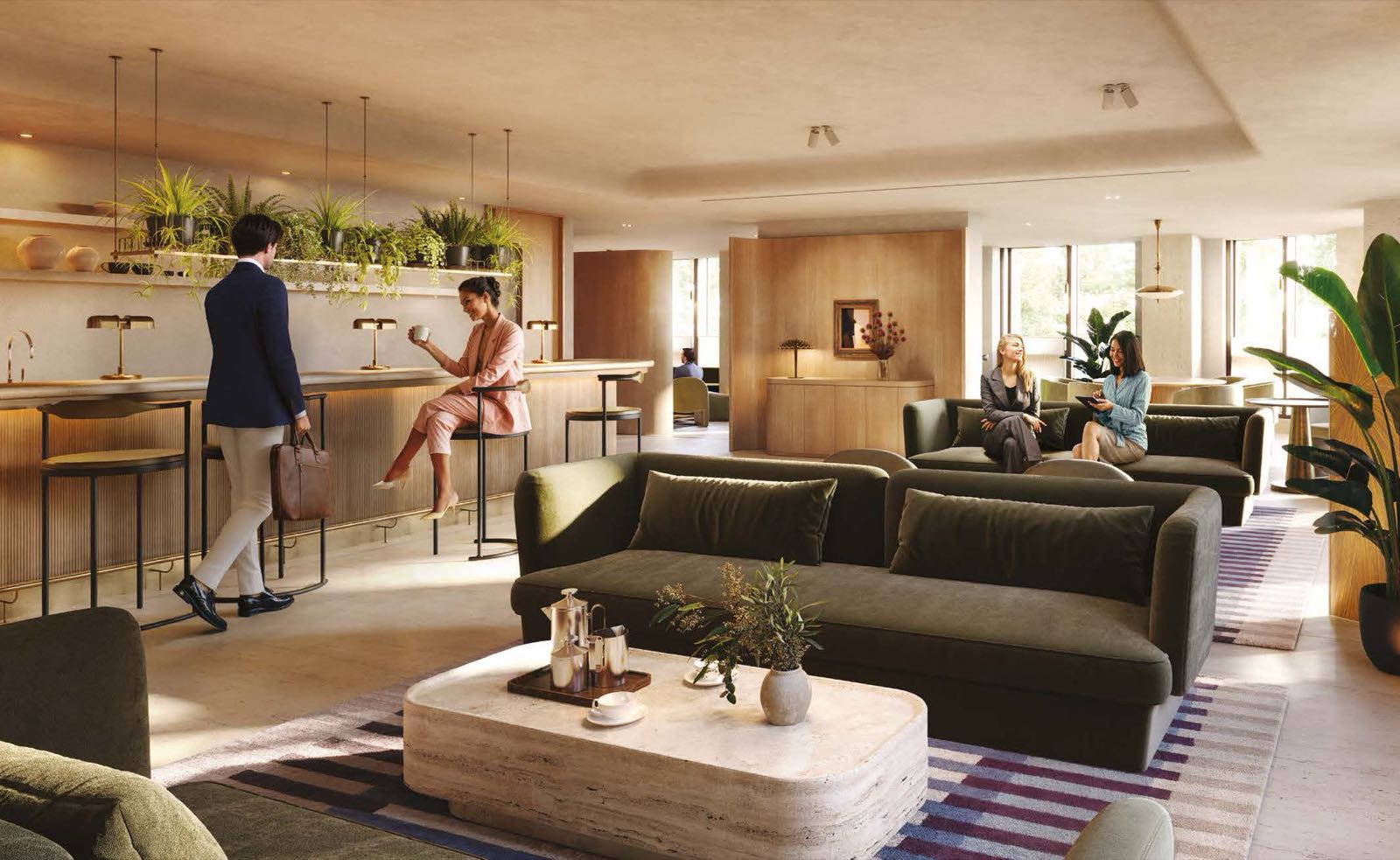 Trillium Paddington W2 London residents' lounge and co-working space with bar seating and sofas