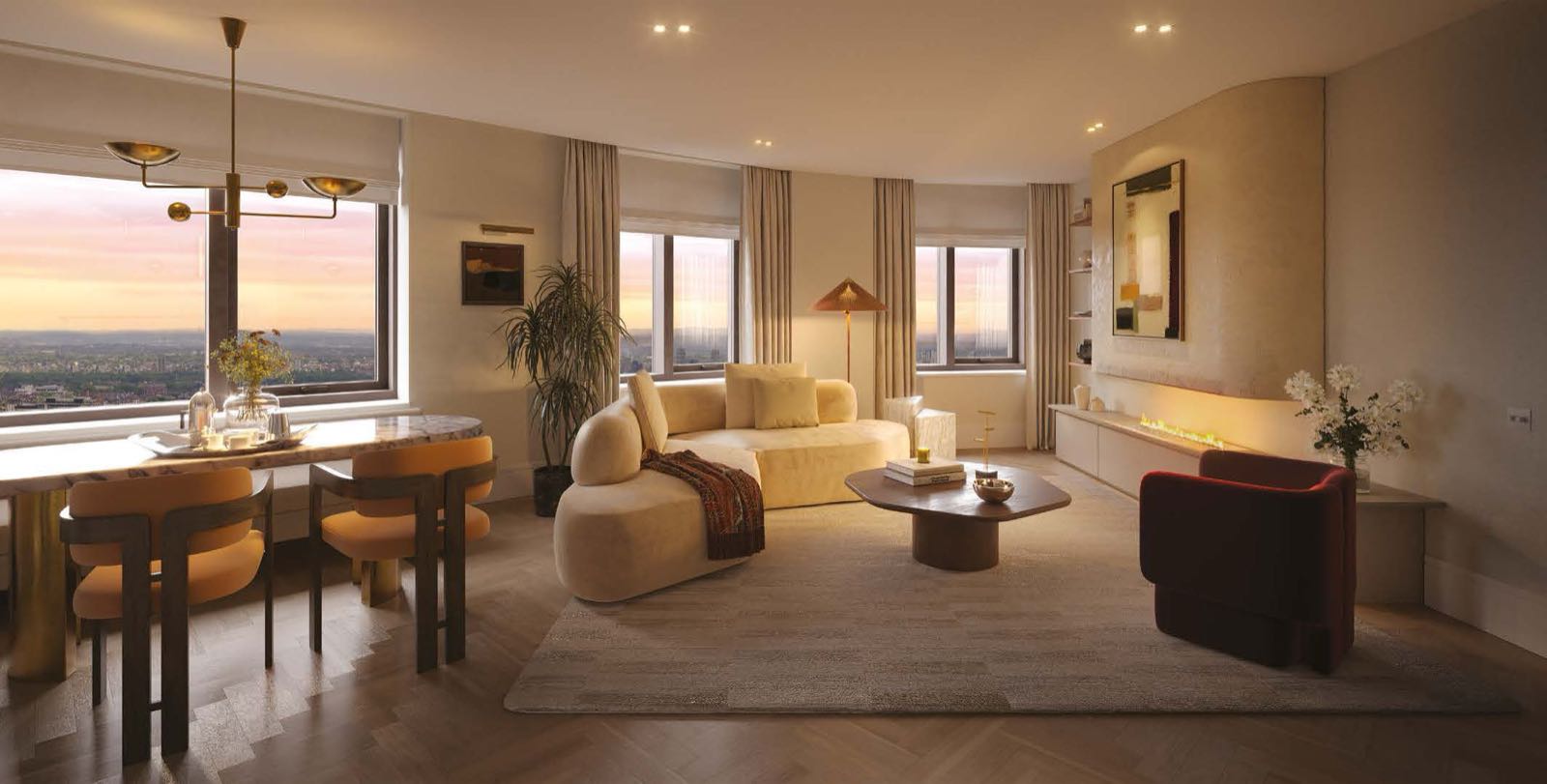 Trillium Paddington W2 London penthouse open-plan living and dining area with London sunset skyline view