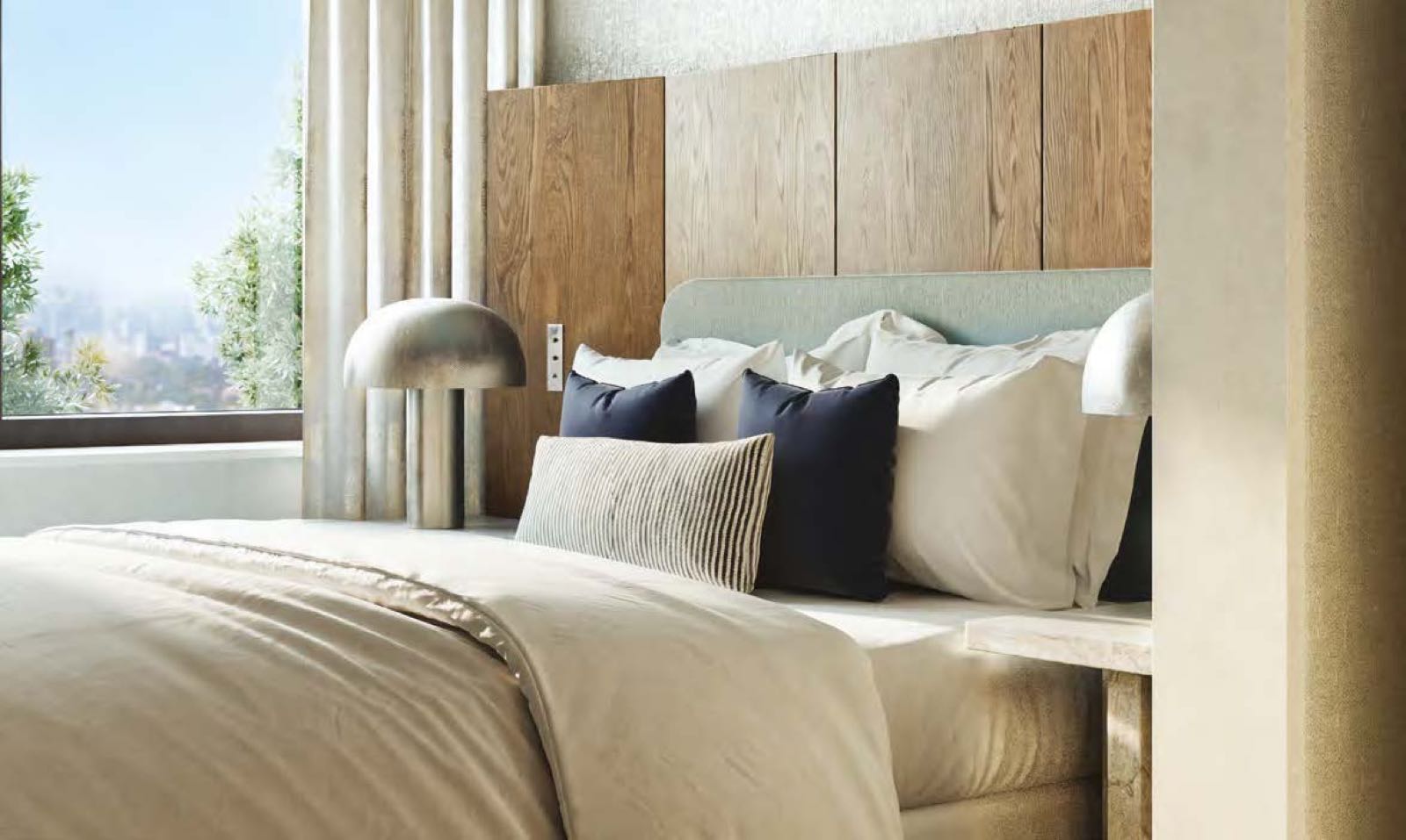 Trillium Paddington W2 London principal bedroom with European Oak headboard wall and morning skyline view