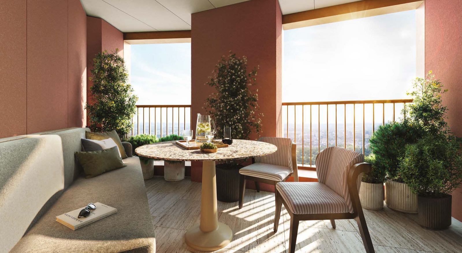 Trillium Paddington W2 London private balcony with dining table, planters and skyline view over London