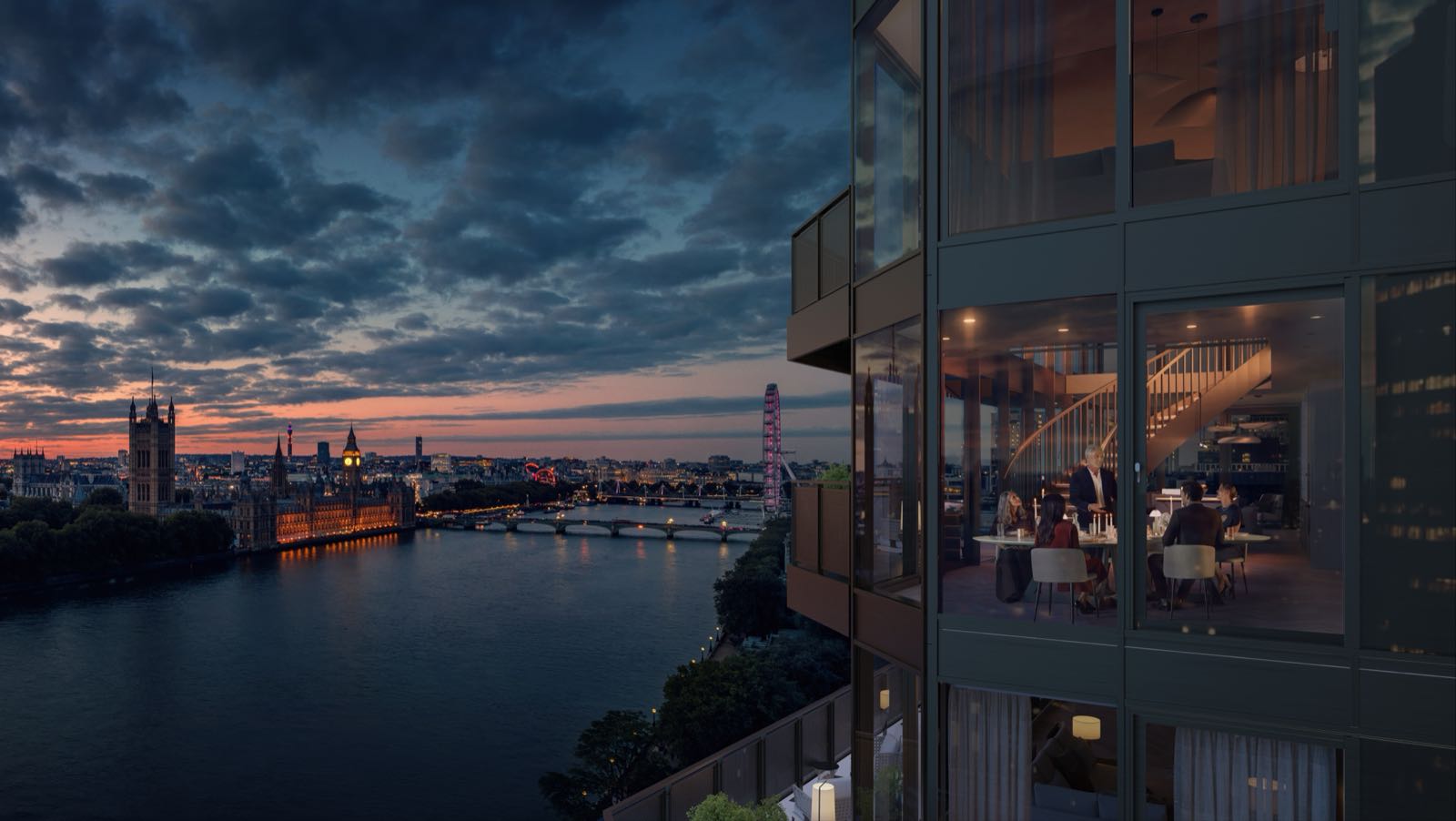 Westminster Tower SE1 Albert Embankment London penthouse view at sunset over Big Ben and the Houses of Parliament with illuminated double-height living room