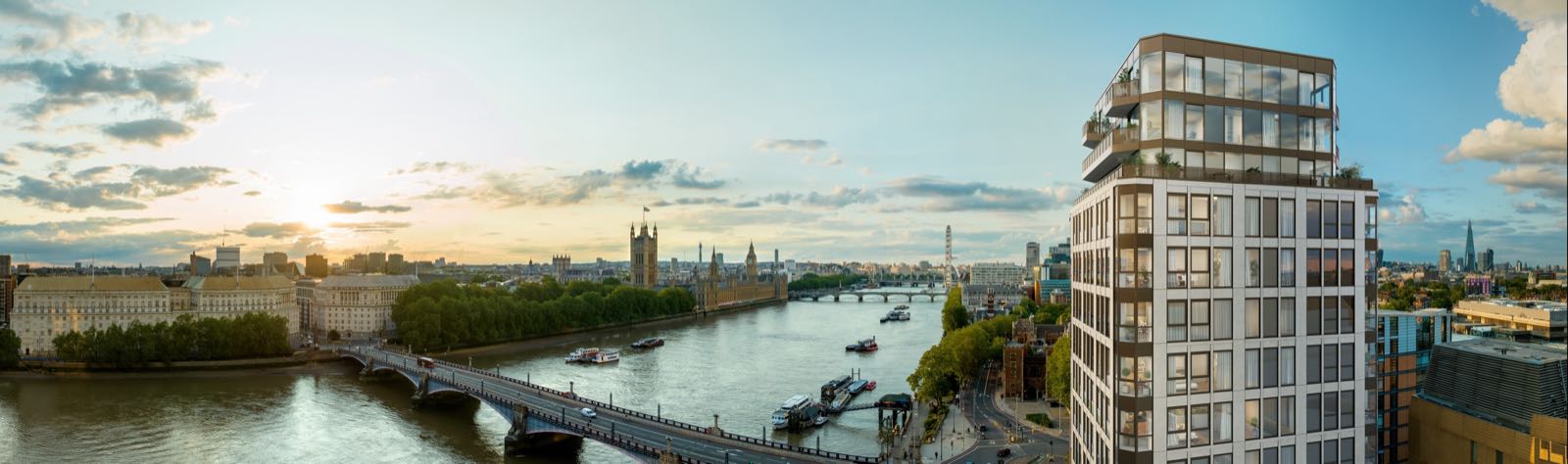Westminster Tower SE1 Albert Embankment London tower exterior rising beside the River Thames with Palace of Westminster, London Eye and the Shard on the skyline