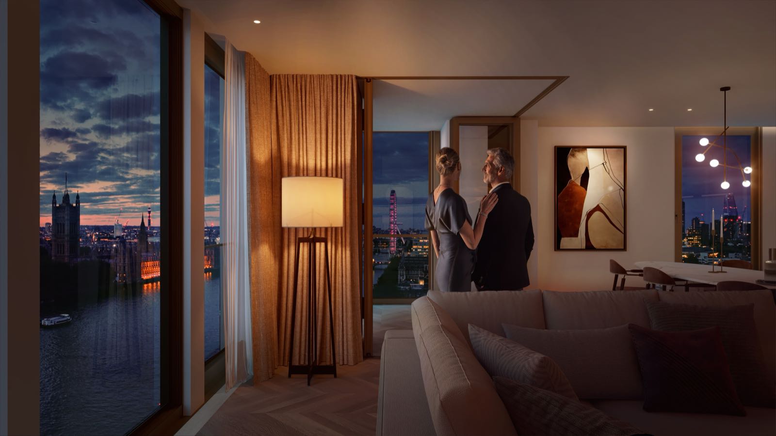 Westminster Tower SE1 Albert Embankment London apartment living room at dusk with River Thames and London Eye views — dark palette interior