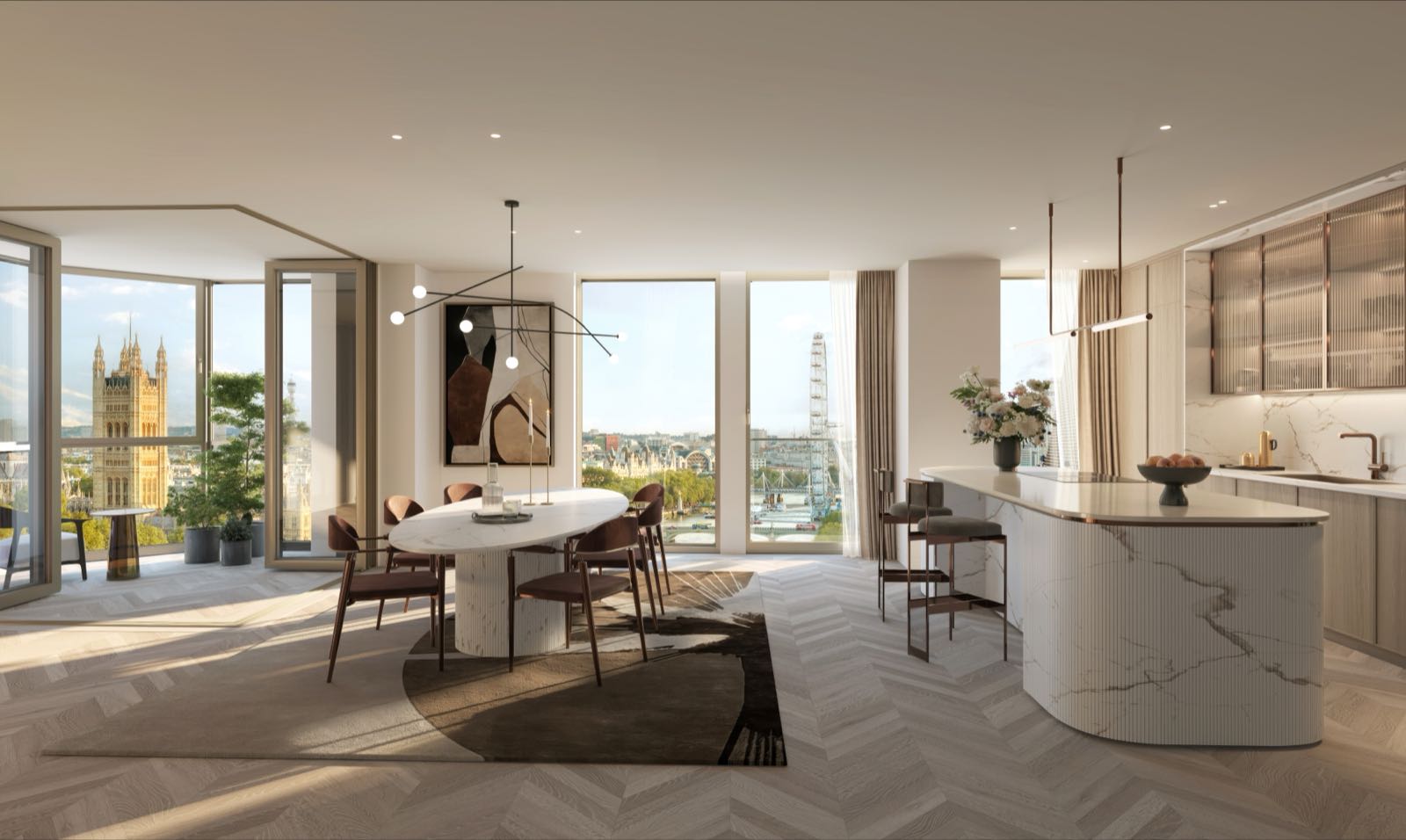 Westminster Tower SE1 Albert Embankment London Winter Garden dining room with Statuario marble kitchen island and Houses of Parliament view — light palette