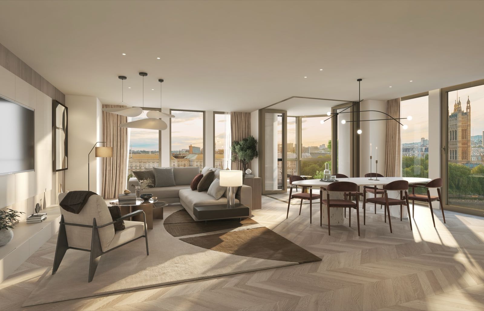Westminster Tower SE1 Albert Embankment London apartment open-plan living and dining room with chevron flooring and Westminster skyline view