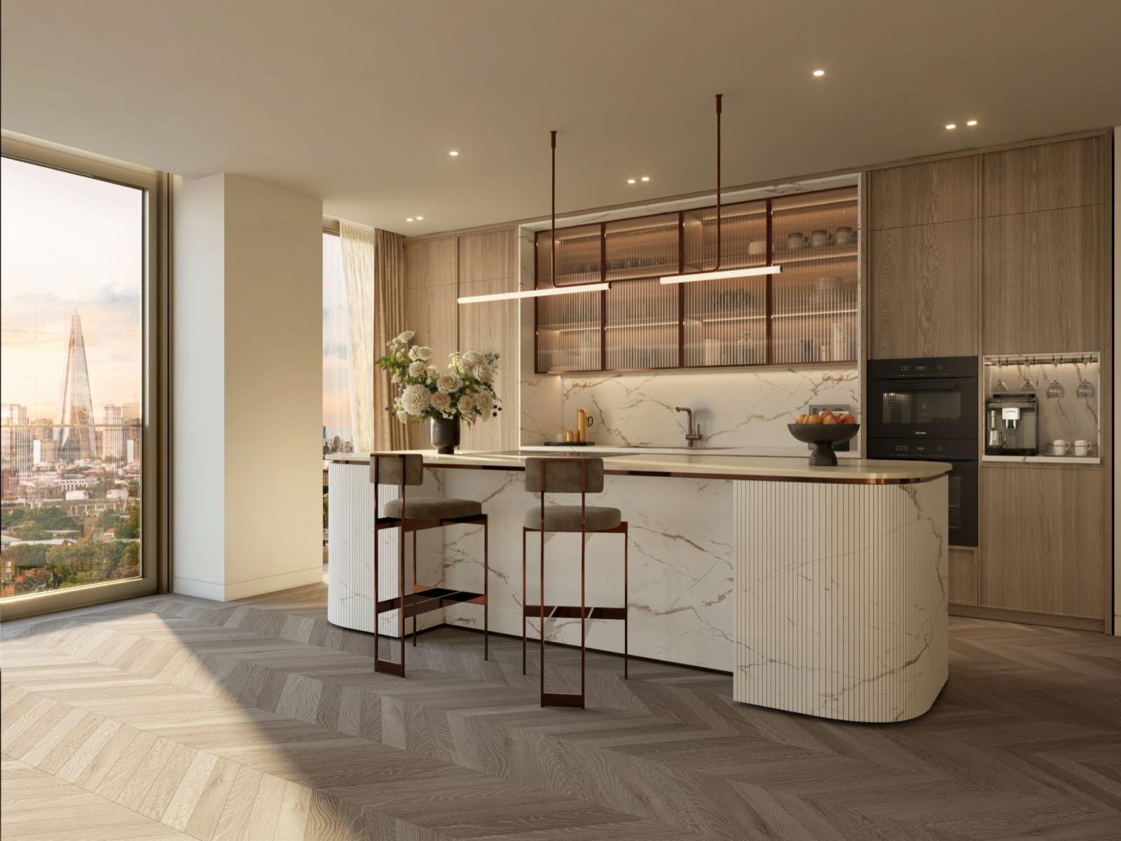 Westminster Tower SE1 Albert Embankment London light palette kitchen with fluted glass cabinets, marble island and Shard view