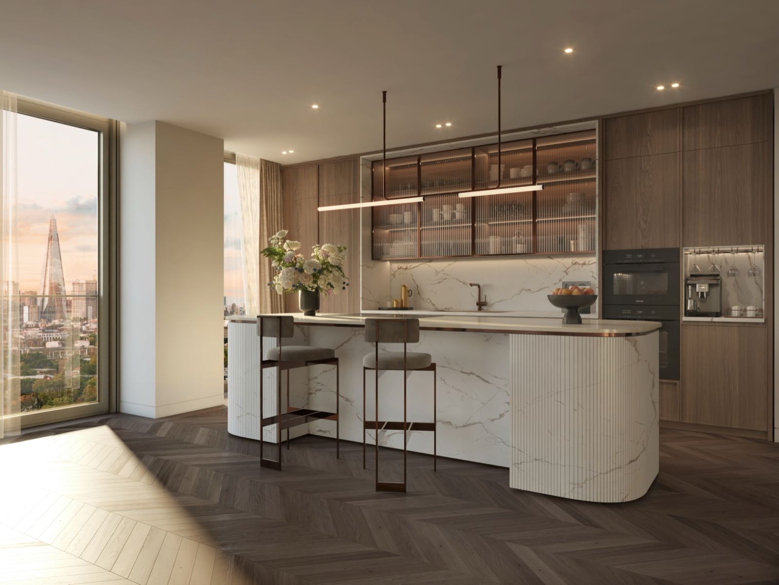 Westminster Tower SE1 Albert Embankment London dark palette kitchen with fluted glass cabinets, marble island and Shard sunset view