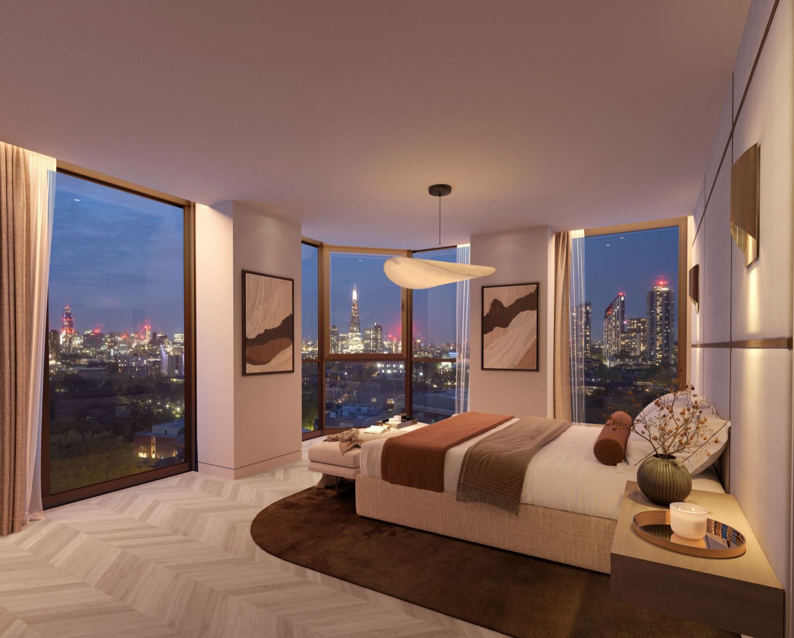 Westminster Tower SE1 Albert Embankment London principal bedroom with corner floor-to-ceiling windows and Shard skyline view — light palette