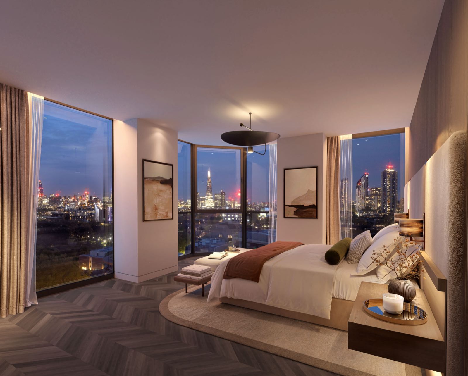 Westminster Tower SE1 Albert Embankment London principal bedroom with dark herringbone flooring and Shard skyline view — dark palette