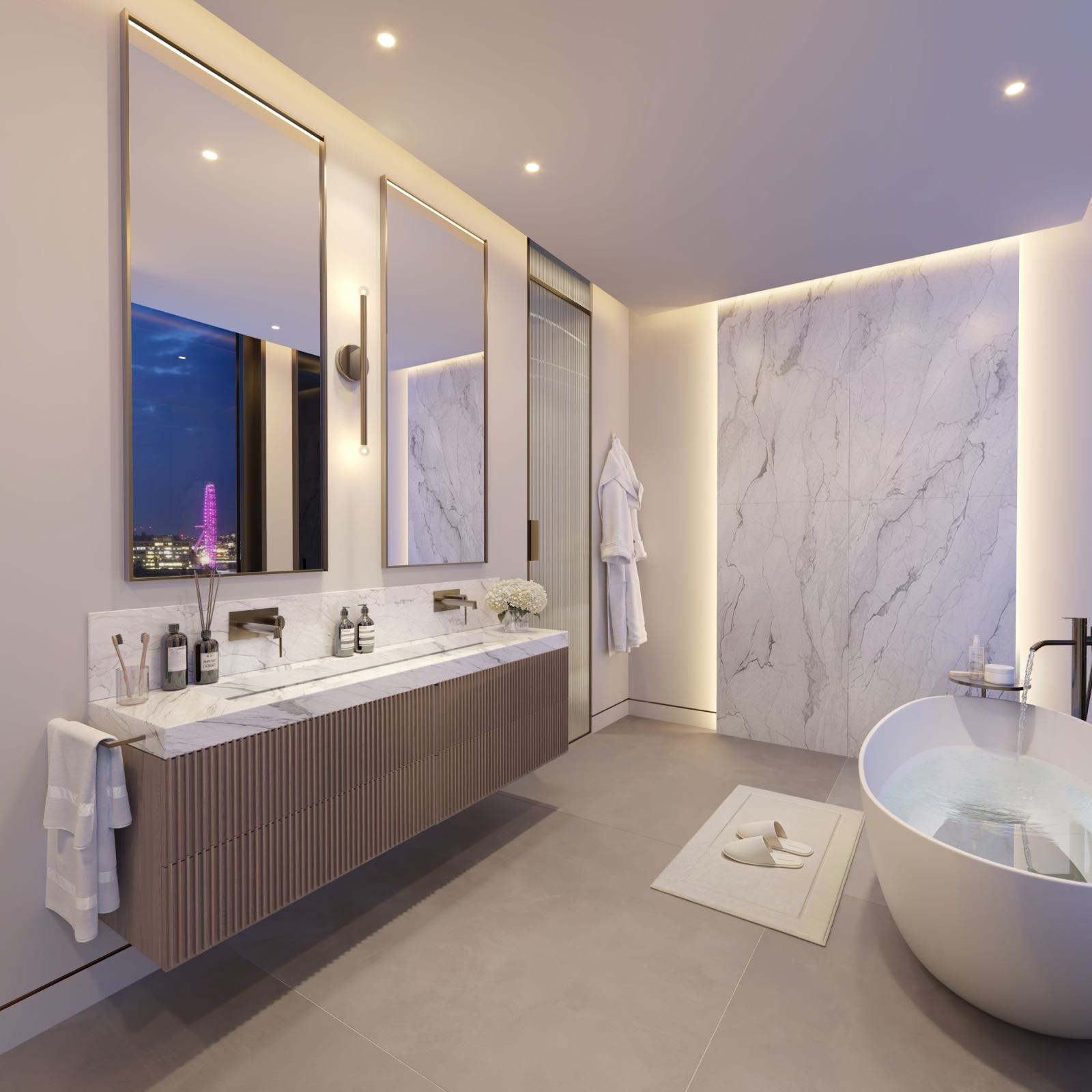 Westminster Tower SE1 Albert Embankment London principal en-suite with freestanding bath, Statuario marble wall, double vanity and London Eye night view