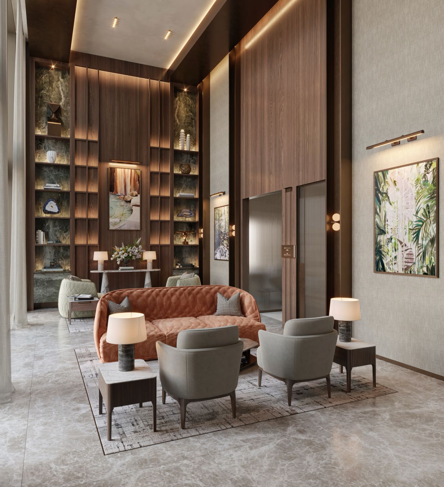 Westminster Tower SE1 Albert Embankment London double-height residents' lounge with wood panelling, tan chesterfield sofa and marble floor